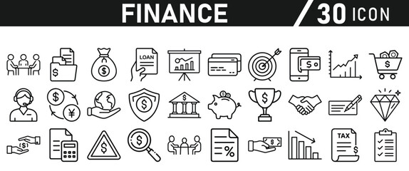 Finance icon set. Containing loan, cash, saving, financial goal, profit, budget, mutual fund, earning money and revenue icons for web