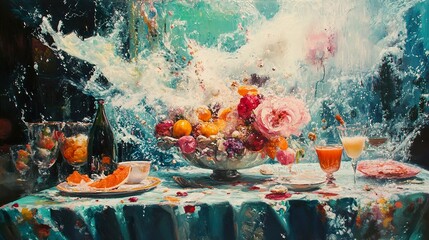 Vibrant Fruit and Flower Still Life with Splashing Water