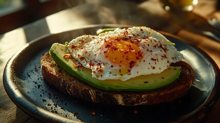 A plate of toast topped with avocado and a fried egg