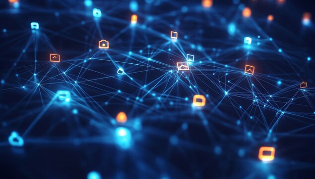Networked data icons.  Data interconnected through a complex web of connections