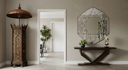 Serene Global Entryway Showcasing Thai Umbrella Stand And Geometric Mirror