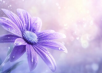 A purple daisy flower with water droplets on the petals, macro photography, blurred background, soft focus effect, bokeh, close-up shot of petal and dew drop, digital art style, natural light, dreamy 