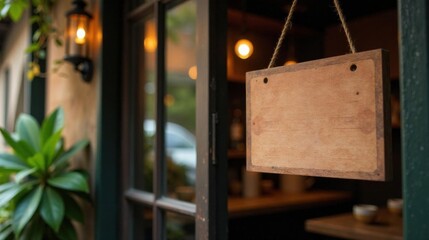 Blank Wooden Sign Hanging on Shop Doorway with Warm Lighting and Greenery