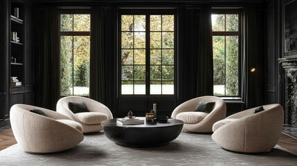 Sophisticated dark interior living room with rounded armchairs and round table