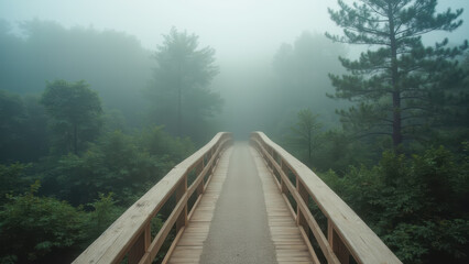 Foggy Wooden Bridge in Serene Forest Surrounded by Lush Greenery and Mysterious Atmosphere