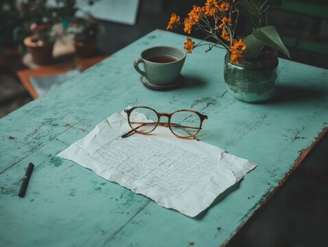 Spring Literary Nostalgia Vintage Workspace Aesthetic for Creative Professionals - Mindful Writing and Poetic Inspiration on Artisan Turquoise Surface - Powered by Adobe