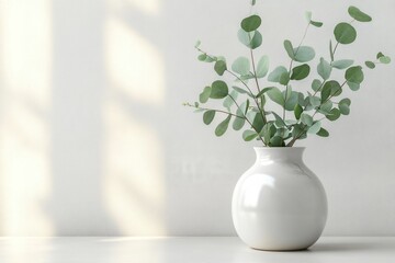 Eucalyptus branches in white ceramic vase on clean desk with soft lighting and neutral background perfect for modern decor and mockup