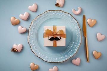 Father's Day Table Setting with Blue Plate Gift Box Mustache Hearts Pastel Aesthetic