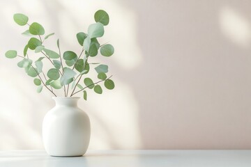 Eucalyptus Branches in White Ceramic Vase on Soft Table with Natural Light