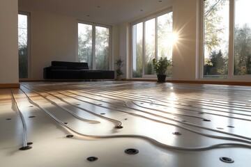 underfloor water heating system installation in modern building with radiant floor heat and intricate piping designs