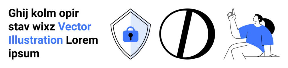 Security shield with lock, abstract target symbol, and woman sitting while pointing upward. Ideal for cybersecurity, goal setting, privacy, protection, awareness, innovation education flat landing