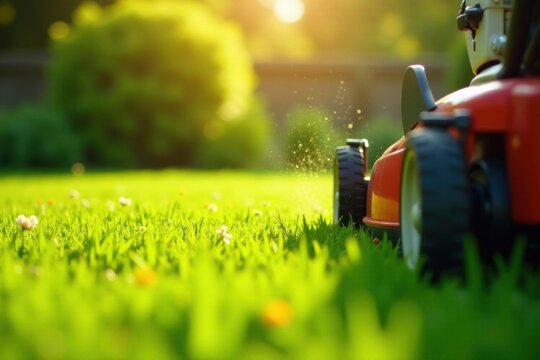 A vibrant, sunlit lawn care scene featuring a red lawnmower cutting lush green grass, creating a picturesque summer landscape.