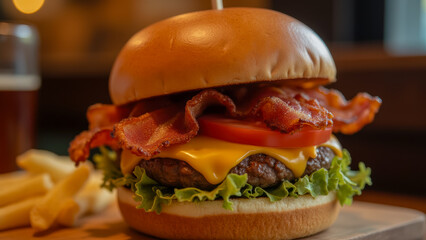 Juicy Cheeseburger with Crisp Bacon and Fresh Ingredients Served with Golden French Fries on Wooden Board