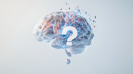 Digital Brain Representation with a Question Mark Symbol on a Light Blue Background Depicting Cognitive Processes Creative Problem Solving Concepts