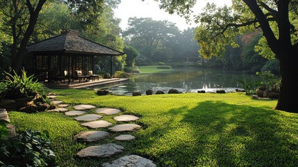 Fototapeta premium Tranquil japanese garden with traditional pavilion by a serene pond