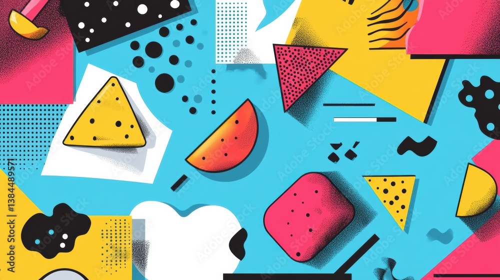 Poster colorful memphis-style pop-art background featuring floating abstract food shapes and geometric elem