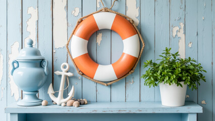 Coastal Inspiration with Stylish Decor Elements, Life Ring, Plant, and Nautical Accents on Blue Wall