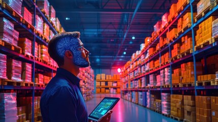 Fototapeta premium A man is standing in a warehouse with a tablet in his hand