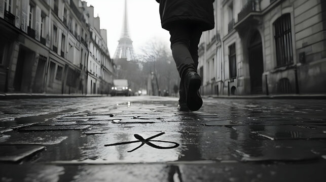 Fototapeta Person Walking on a Rainy Parisian Street