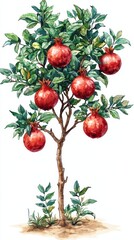 A vibrant low poly illustration depicts a lush pomegranate tree laden with ripe red pomegranates against a clean white background showcasing its detailed geometry and organic form.