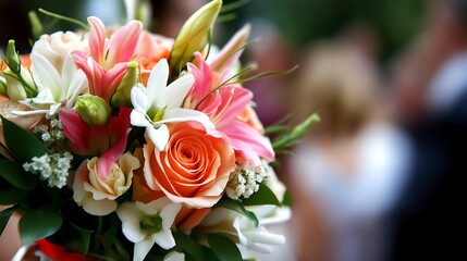 Romantic Wedding Bouquet Lilies with Roses, and Outdoor Ceremony.