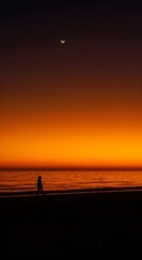 Fototapeta premium Vertical Silhouette of Lone Person Standing on Beach Watching Sunset Over Calm Ocean - Peaceful Seascape