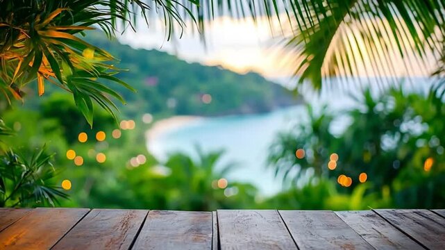 Empty wooden table with blurred tropical beach background at sunset, perfect for product placement