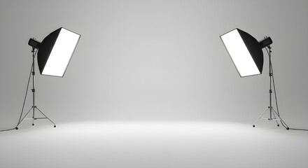 Empty Photo Studio Setup with White Cyclorama Background and Two Softbox Studio Lights on Stands