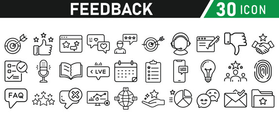 Feedback Concept Thin Line Icon Set. Contains Testimonial, Survey, Questionnaire, Satisfaction, Comment, Performance, Icons collection