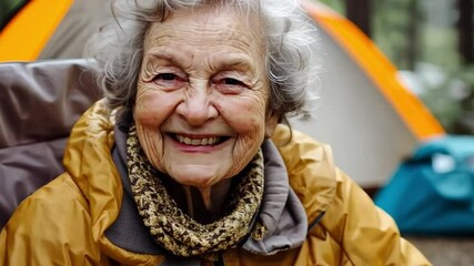 Happy camper enjoying her free time surrounded by nature, promoting active aging and outdoor adventures for seniors