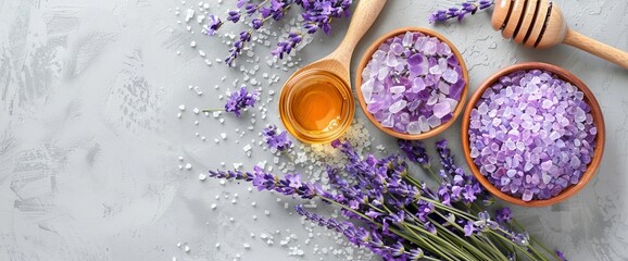 Fototapeta na wymiar top view flat lay lavender spa set with honey nd sea salt, spa banner