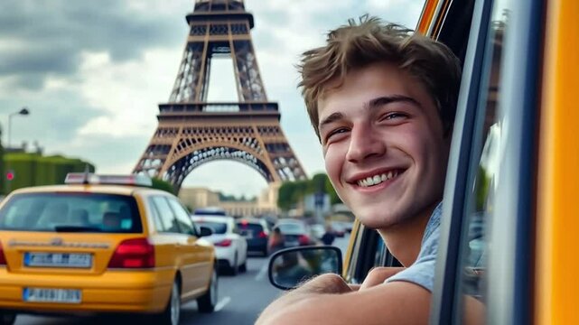 Young man smiling from taxi window with Eiffel Tower in background, enjoying his trip to Paris