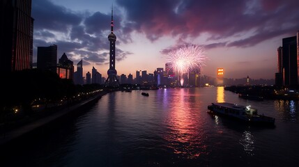 Naklejka premium Shanghai Skyline Fireworks with Dusk River View.