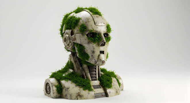 Rusty Robot Head Covered in Green Plants Overgrowth Against a White Background Creates an Eerie Blend of Technology and Nature