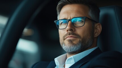 A confident businessman with glasses sits in a vehicle, exuding professionalism and determination, This image is ideal for articles, presentations, or marketing materials focused on leadership