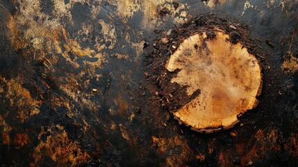 Burnt wood stump on dark surface