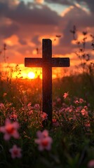 "Sunset Cross Among Colorful Flowers"