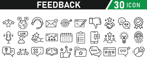 Feedback Concept Thin Line Icon Set. Contains Testimonial, Survey, Questionnaire, Satisfaction, Comment, Performance, Icons collection