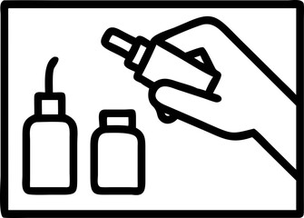 hand holding spray bottle is depicted simple line drawing, alongside two other bottles. minimalist design suggests focus personal care or cleaning products. hand holding spray bottle line drawing