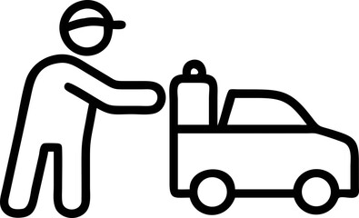 Obraz premium simple black and white line drawing depicts person pushing cart. person is wearing cap and appears to be engaged manual task, suggesting work or delivery scenario. cart has handle and wheels