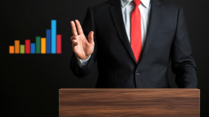A businessman gestures while presenting data, featuring colorful bar graphs in the background, conveying a formal and engaging atmosphere.