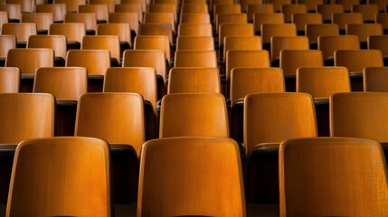 Fototapeta premium This image features a close-up view of neatly arranged wooden chairs in a large auditorium, ideal for concepts related to education, presentations, and public speaking settings,