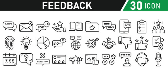 Feedback Concept Thin Line Icon Set. Contains Testimonial, Survey, Questionnaire, Satisfaction, Comment, Performance, Icons collection