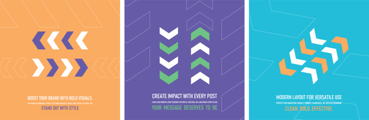 Set of three modern arrow backgrounds in orange, purple, and turquoise with bold geometric layouts, ideal for product showcases, digital ads, creative branding, or social media content
