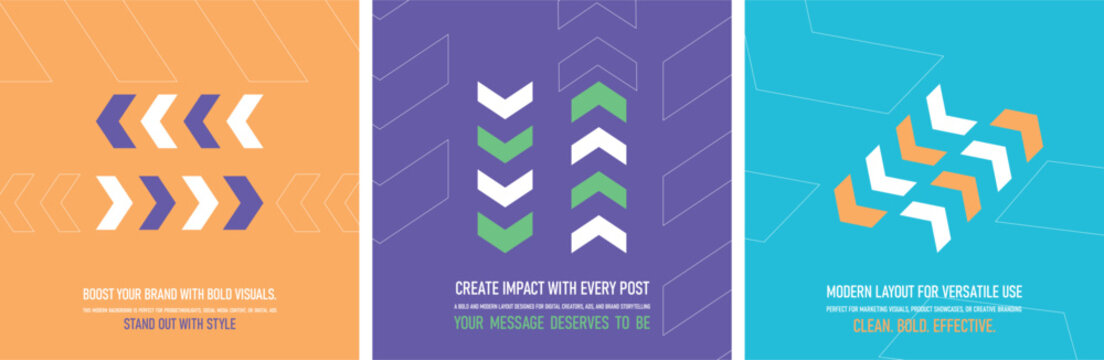 Set of three modern arrow backgrounds in orange, purple, and turquoise with bold geometric layouts, ideal for product showcases, digital ads, creative branding, or social media content
