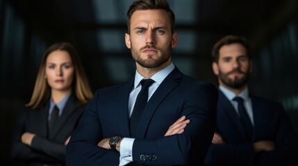 A group of confident business professionals stands in a shadowy corridor, exuding strength and determination, This image is ideal for corporate presentations, leadership articles