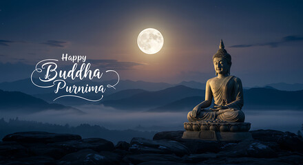 Serene Buddha Statue at Sunset Happy Buddha Purnima Mountainscape