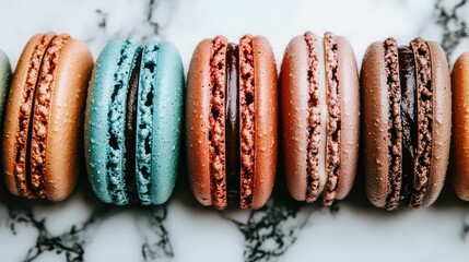 Row of colorful macarons on marble surface