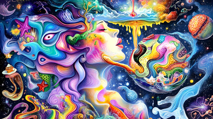 Fototapeta premium Cosmic Woman A Vibrant Surreal Portrait