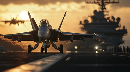 Fototapeta premium Sunset Takeoff F18 Super Hornet from Aircraft Carrier.